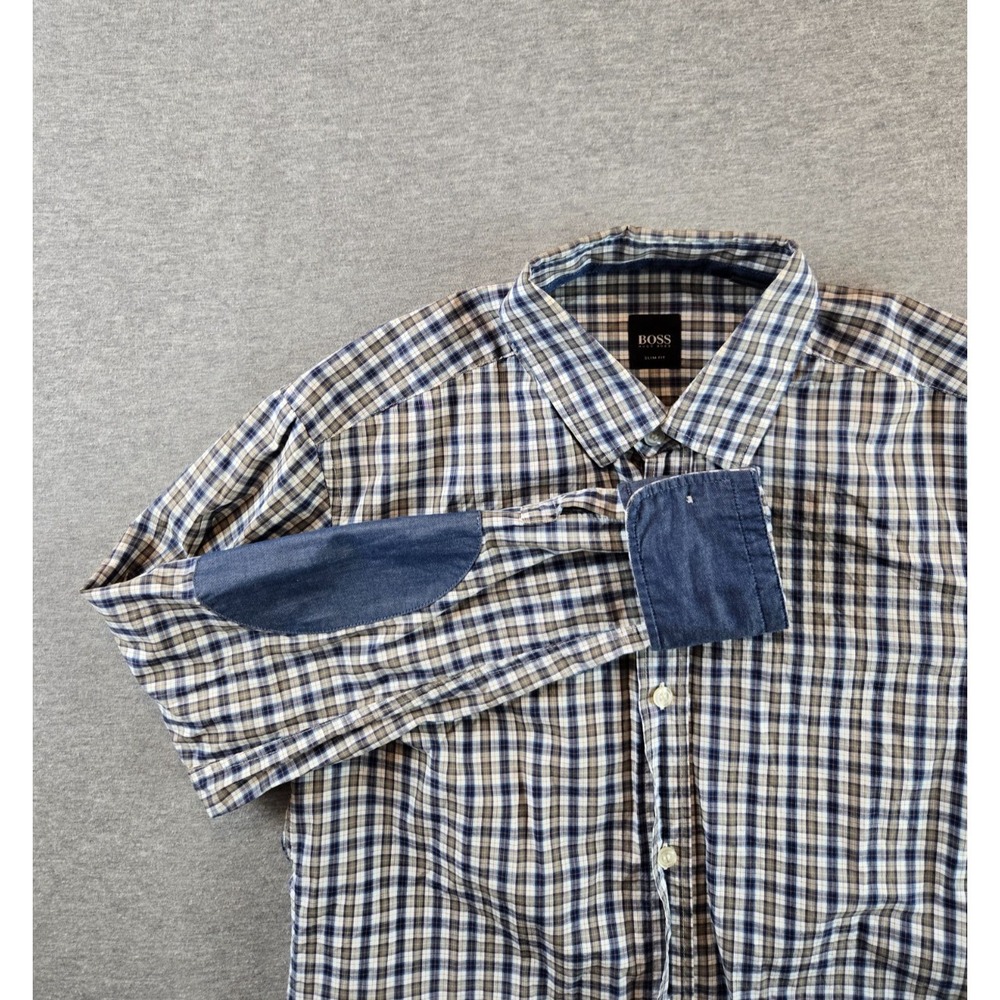 Hugo Boss Shirt Mens S Blue Beige Plaid Button Down Long Sleeve Commando Patches